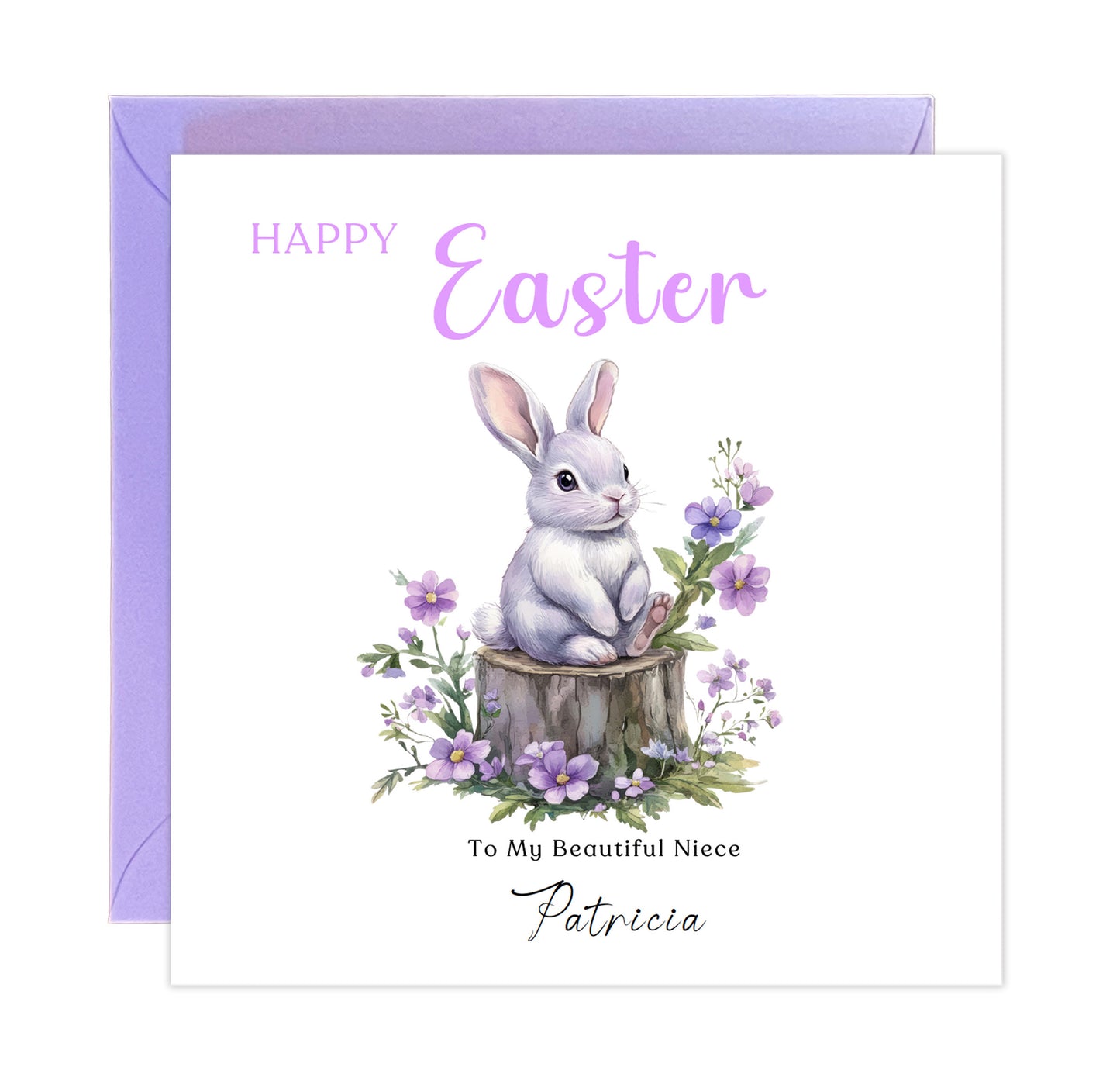 Personalised Happy Easter Card with Custom Name and Message - Purple Bunnies with Spring Flowers Design for Her, Mum, Grandma, Auntie, Daughter, Granddaughter, Niece, Girls – Purple Envelope Included