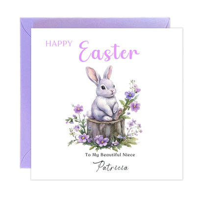 Personalised Happy Easter Card with Custom Name and Message - Purple Bunnies with Spring Flowers Design for Her, Mum, Grandma, Auntie, Daughter, Granddaughter, Niece, Girls – Purple Envelope Included