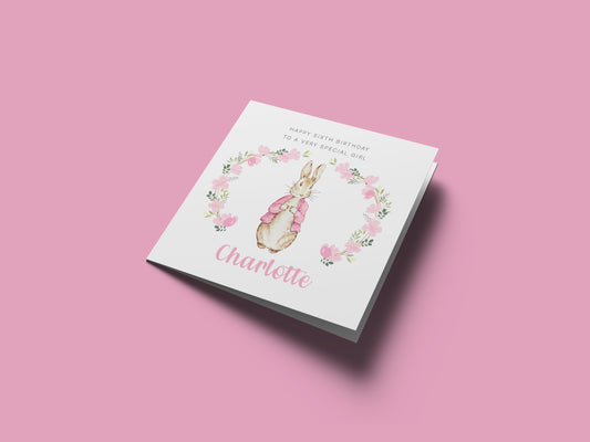 Personalised 6 Years Old 6th Birthday Card for Girls – Cute Rabbit & Wreath with Custom Name & Message - Age 6 Birthday Card for Kids Children Daughter Granddaughter Niece - Pink Envelope Included