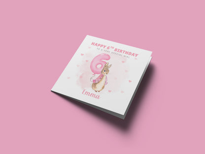 Personalised 6 Years Old 6th Birthday Card for Girls – Cute Rabbit with Custom Name & Message - Age 6 Birthday Card for Kids Children Daughter Granddaughter Niece - Pink Envelope Included