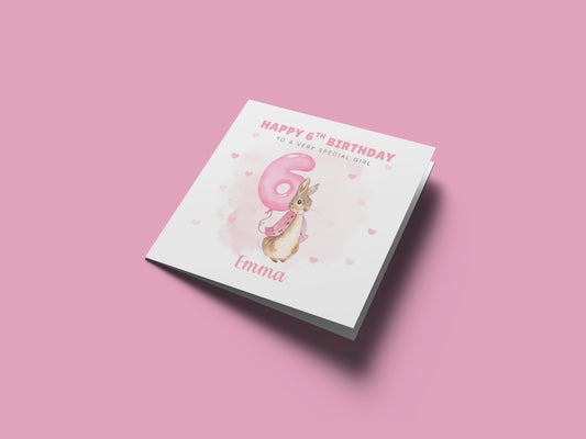 Personalised 6 Years Old 6th Birthday Card for Girls – Cute Rabbit with Custom Name & Message - Age 6 Birthday Card for Kids Children Daughter Granddaughter Niece - Pink Envelope Included