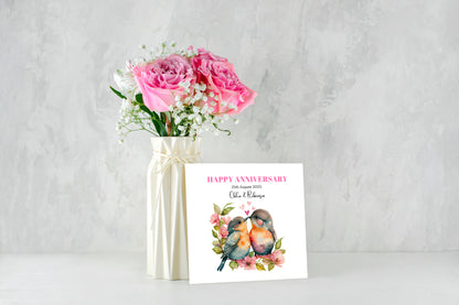 Personalized Wedding Anniversary Card – Cute Robin Couple Design with Customised Names and Date– for Couples, Husband, Wife, Relationship, Engagement, 1st Date – Pink Envelope Included