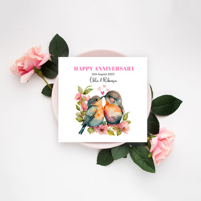 Personalized Wedding Anniversary Card – Cute Robin Couple Design with Customised Names and Date– for Couples, Husband, Wife, Relationship, Engagement, 1st Date – Pink Envelope Included