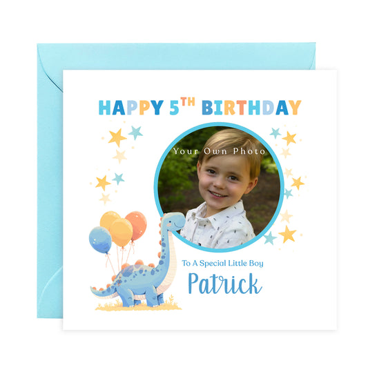 Personalised Photo 5th Birthday Card for Boys – Diplodocus Dinosaur Design with Custom Photo, Name & Message for Age 5 Years Old, Fifth Birthday Kids, Son, Grandson, Nephew –  Blue Envelope Included