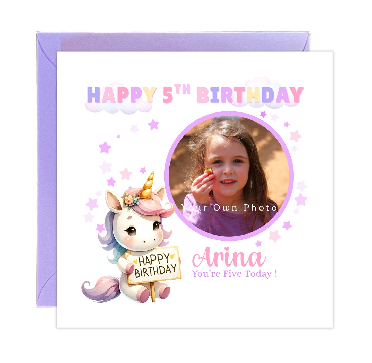 Personalised Photo 5 Years Old 5th Birthday Card for Girls – Unicorn Design with Custom Photo & Name for Age 5 Years Old Kid, Daughter, Granddaughter, Niece -  Purple Envelope Included