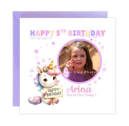 Personalised Photo 5 Years Old 5th Birthday Card for Girls – Unicorn Design with Custom Photo & Name for Age 5 Years Old Kid, Daughter, Granddaughter, Niece -  Purple Envelope Included