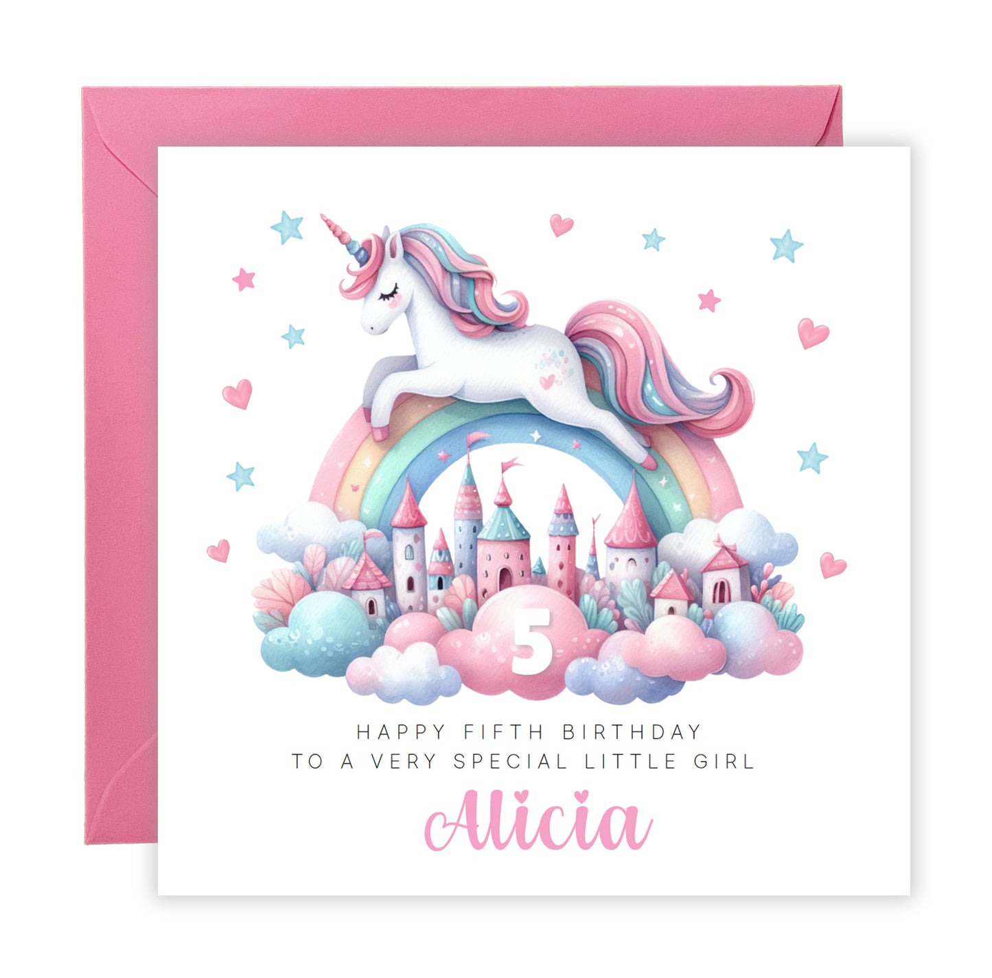 Personalised 5 Years Old 5th Birthday Card for Girls – Magical Unicorn Design with Custom Name & Message - Age 5 Birthday Card for Kids Children Daughter Granddaughter Niece - Pink Envelope Included