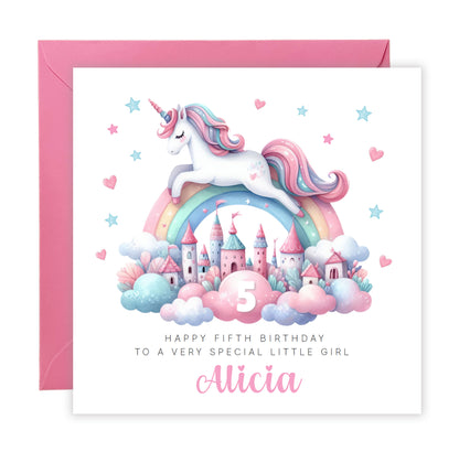 Personalised 5 Years Old 5th Birthday Card for Girls – Magical Unicorn Design with Custom Name & Message - Age 5 Birthday Card for Kids Children Daughter Granddaughter Niece - Pink Envelope Included