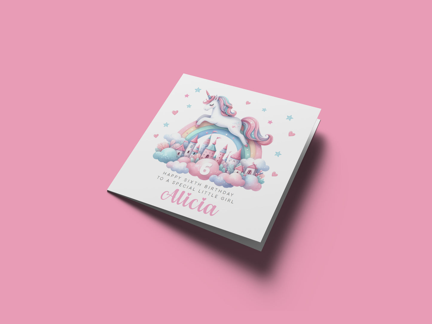 Personalised 6 Years Old 6th Birthday Card for Girls – Magical Unicorn Design with Custom Name & Message - Age 5 Birthday Card for Kids Children Daughter Granddaughter Niece - Pink Envelope Included