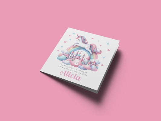 Personalised 6 Years Old 6th Birthday Card for Girls – Magical Unicorn Design with Custom Name & Message - Age 5 Birthday Card for Kids Children Daughter Granddaughter Niece - Pink Envelope Included