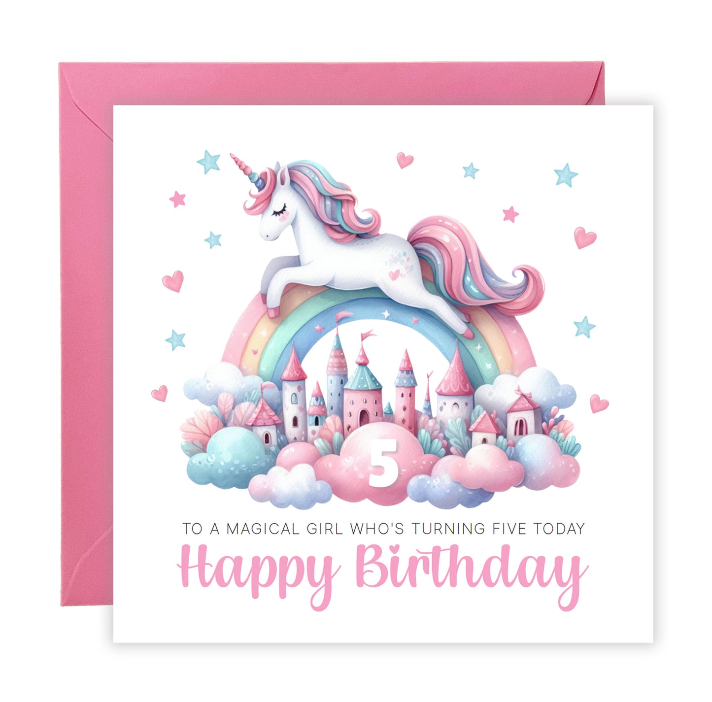 Magical Unicorn Happy Birthday Card Age 5, 5th Birthday 5 Years Old, Fifth Birthday Card for Magical Girls,  Kids, Children, Daughter, Granddaughter, Niece - Pink Envelope Included