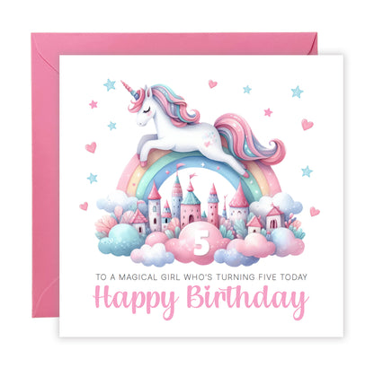Magical Unicorn Happy Birthday Card Age 5, 5th Birthday 5 Years Old, Fifth Birthday Card for Magical Girls,  Kids, Children, Daughter, Granddaughter, Niece - Pink Envelope Included