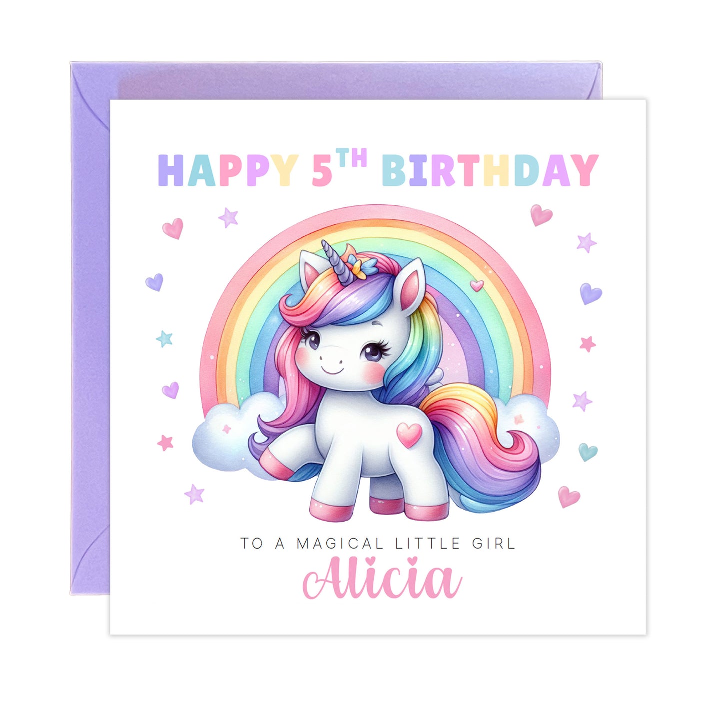 Personalised 5 Years Old 5th Birthday Card for Girls – Magical Unicorn Design with Custom Name & Message - Age 5 Birthday Card for Kids Children Daughter Granddaughter Niece - Purple Envelope Included