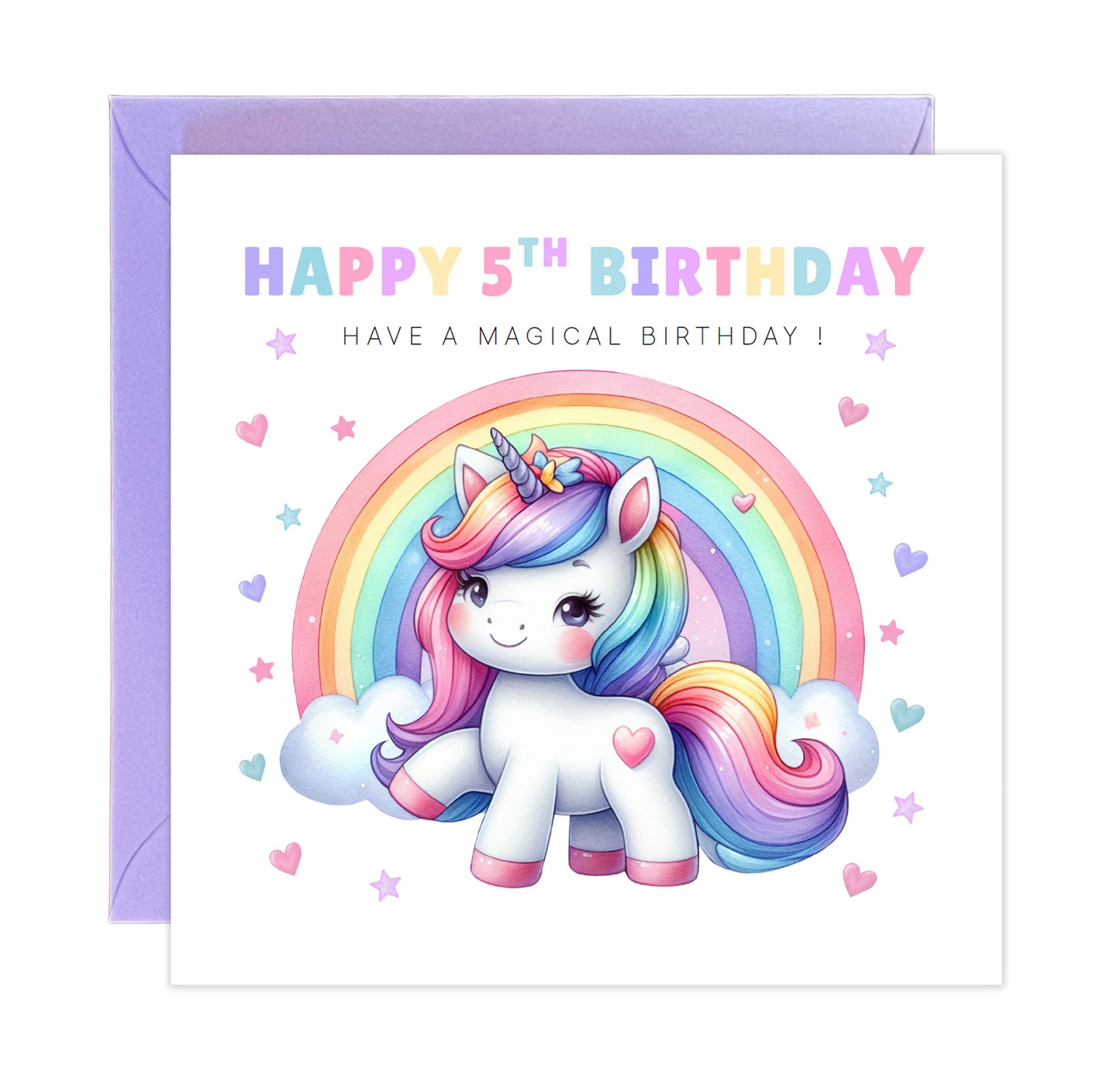 Magical Unicorn Happy Birthday Card Age 5, 5th Birthday 5 Years Old, Fifth Birthday Card for Magical Girls,  Kids, Children, Daughter, Granddaughter, Niece - Purple Envelope Includedughter Granddaughter Niece - Purple Envelope Included
