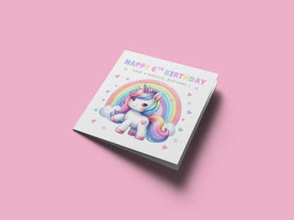 Magical Birthday Card for 6 Years Old 6th Birthday Girls – Sweet Unicorn and Rainbow Design - Age 6 Birthday Card for Kids Children Daughter Granddaughter Niece - Purple Envelope Included