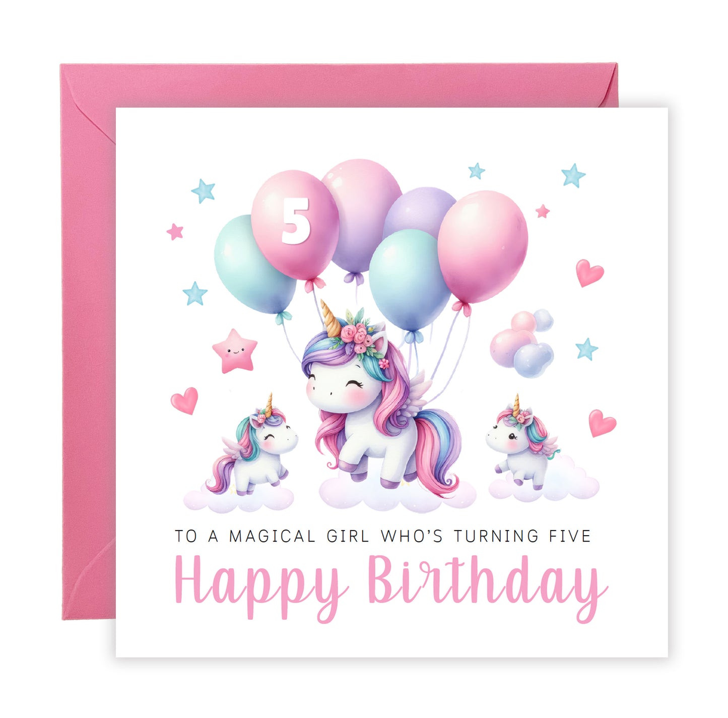 Magical Unicorn Happy Birthday Card Age 5, 5th Birthday 5 Years Old, Fifth Birthday Card for Magical Girls,  Kids, Children, Daughter, Granddaughter, Niece - Pink Envelope Included