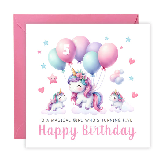 Magical Unicorn Happy Birthday Card Age 5, 5th Birthday 5 Years Old, Fifth Birthday Card for Magical Girls,  Kids, Children, Daughter, Granddaughter, Niece - Pink Envelope Included