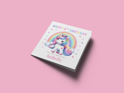 Personalised 6 Years Old 6th Birthday Card for Girls – Magical Unicorn Design with Custom Name & Message - Age 6 Birthday Card for Kids Children Daughter Granddaughter Niece - Purple Envelope Included