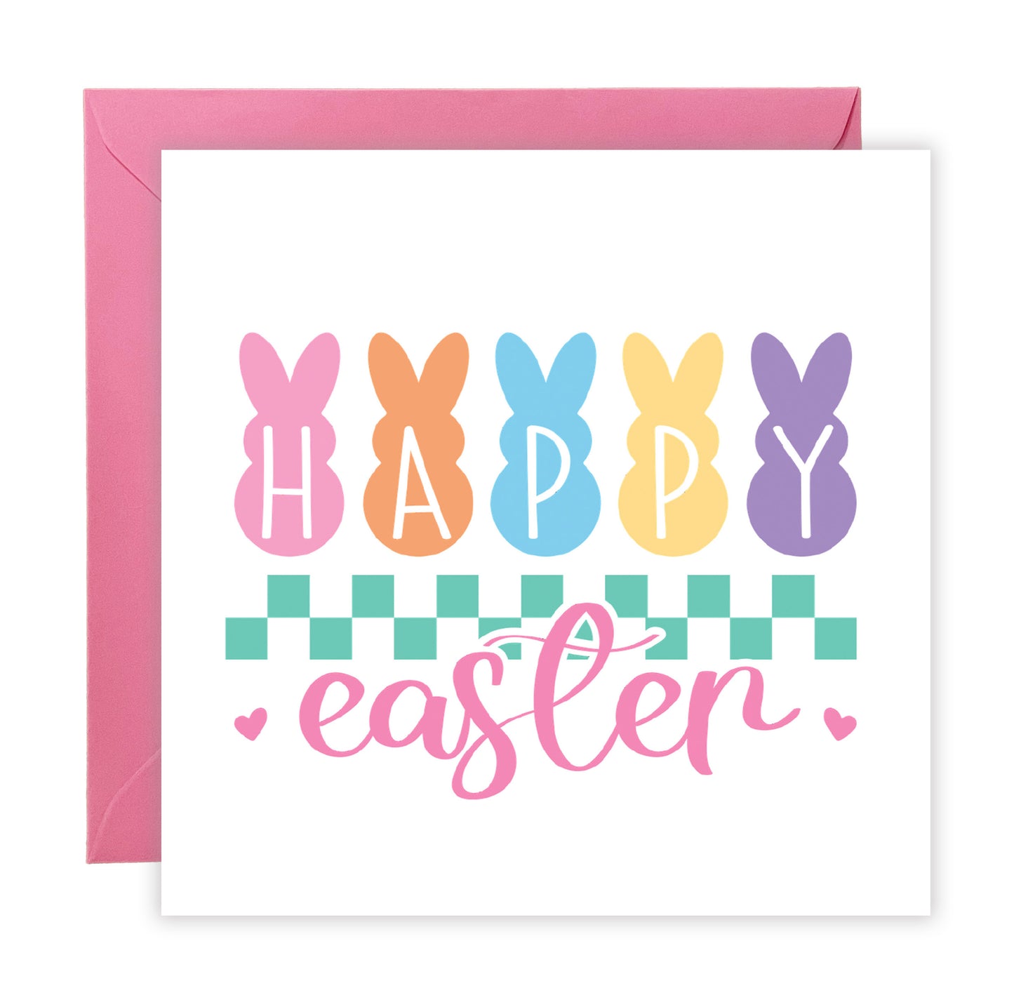 Bunny Happy Easter Card – Spring Holiday Greeting Card – Bunny Letters Easter Card for Family, Girls, Teens, Friends, Kids, Loved Ones - Pink Envelope Included
