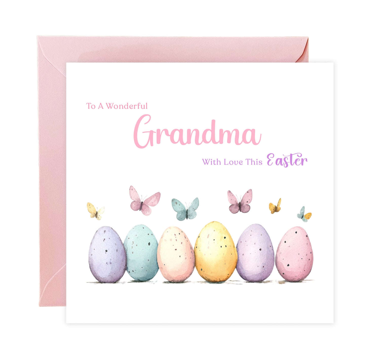Happy Easter Card with Butterfly with Easter Eggs Design for Mum, Auntie or Grandma –  Spring Easter Car for Her and Family - Pink Envelope Included