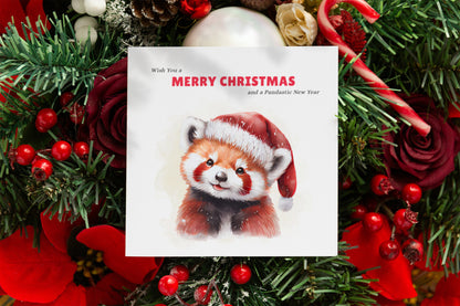 Red Panda Christmas Card – Funny Pun Xmas Card – Wish You a Merry Christmas and a Pandastic New Year – Watercolor Animal Greeting Card for Friends, Family, Kids, Coworkers – Red Envelope Included