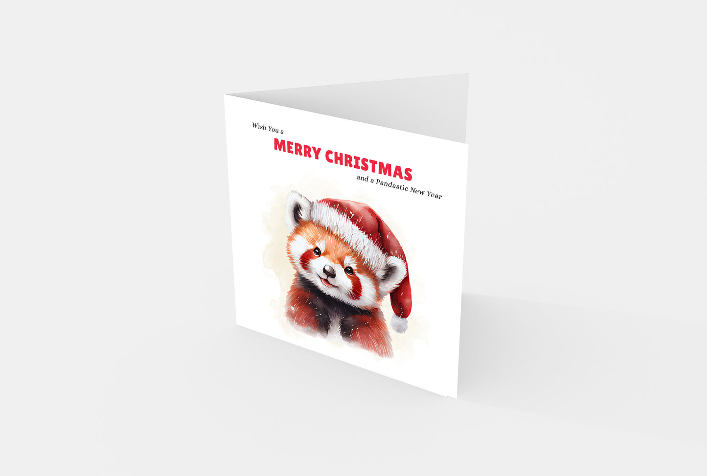 Red Panda Christmas Card – Funny Pun Xmas Card – Wish You a Merry Christmas and a Pandastic New Year – Watercolor Animal Greeting Card for Friends, Family, Kids, Coworkers – Red Envelope Included