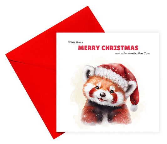 Red Panda Christmas Card – Funny Pun Xmas Card – Wish You a Merry Christmas and a Pandastic New Year – Watercolor Animal Greeting Card for Friends, Family, Kids, Coworkers – Red Envelope Included