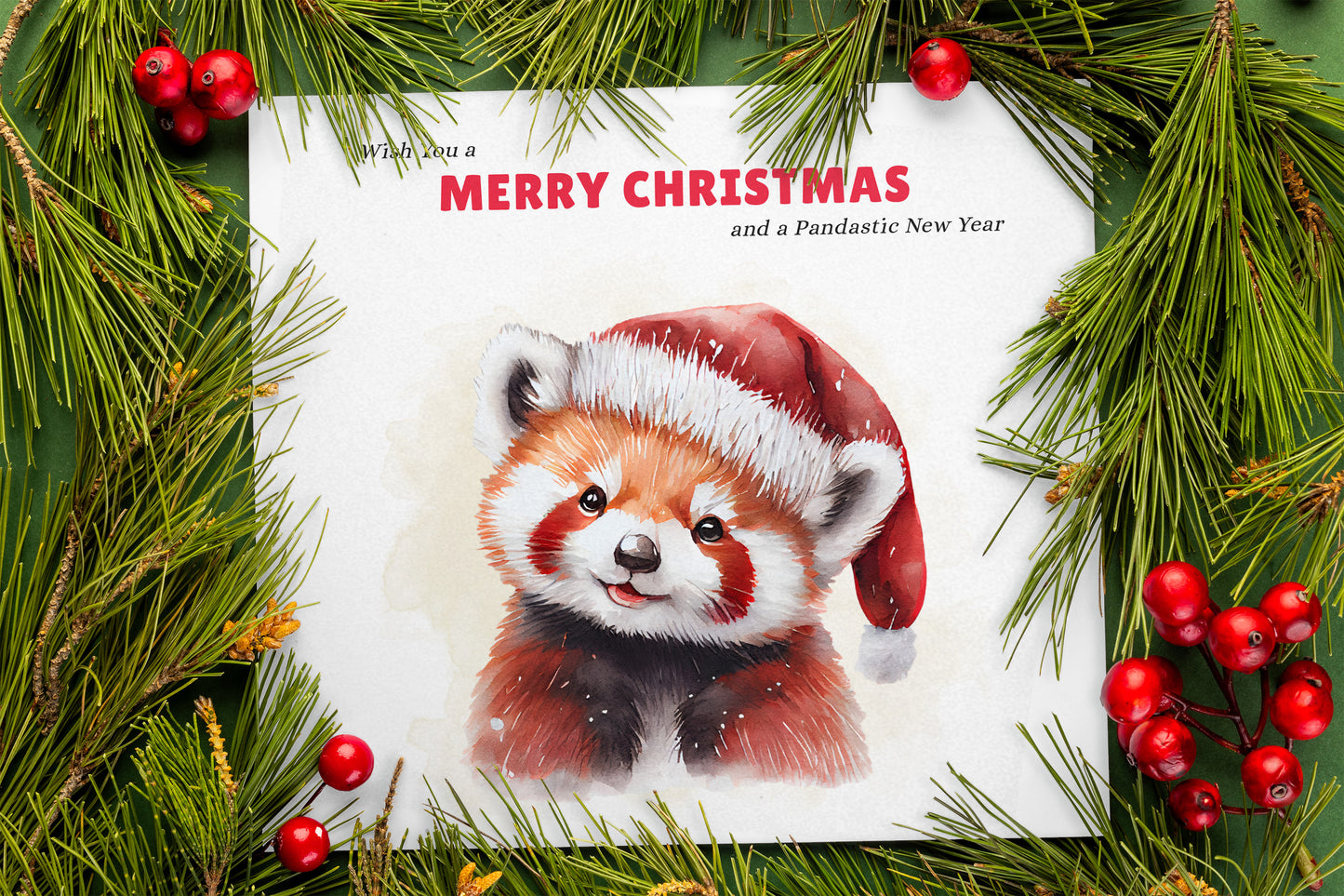 Red Panda Christmas Card – Funny Pun Xmas Card – Wish You a Merry Christmas and a Pandastic New Year – Watercolor Animal Greeting Card for Friends, Family, Kids, Coworkers – Red Envelope Included