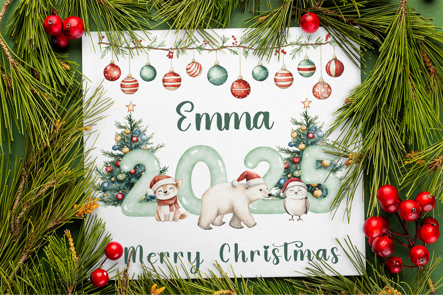 Personalised 2025 Christmas Card for Kids - Customised Name & Animals Design – 2025 Xmas Card for Niece, Nephew, 2nd, 3rd,1st Xmas Card for Baby Boy, Baby Girl, Grandkids,Friend- Red Envelope Included