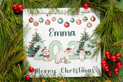 Personalised 2025 Christmas Card for Kids - Customised Name & Animals Design – 2025 Xmas Card for Niece, Nephew, 2nd, 3rd,1st Xmas Card for Baby Boy, Baby Girl, Grandkids,Friend- Red Envelope Included