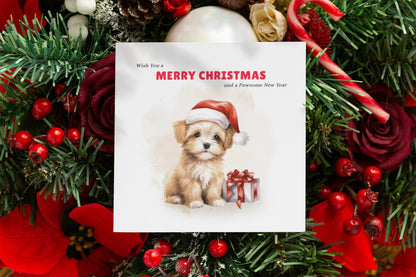 Puppy Christmas Card – Funny Pun Xmas Card – Wish You a Merry Christmas and a Pawsome New Year – Watercolor Animal Greeting Card for Friends, Family, Kids, Dog Lovers – Kraft Envelope Included