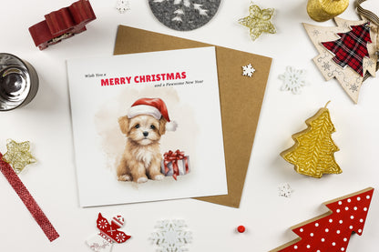 Puppy Christmas Card – Funny Pun Xmas Card – Wish You a Merry Christmas and a Pawsome New Year – Watercolor Animal Greeting Card for Friends, Family, Kids, Dog Lovers – Kraft Envelope Included