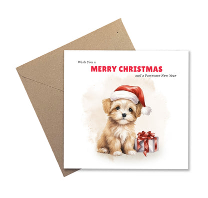 Puppy Christmas Card – Funny Pun Xmas Card – Wish You a Merry Christmas and a Pawsome New Year – Watercolor Animal Greeting Card for Friends, Family, Kids, Dog Lovers – Kraft Envelope Included