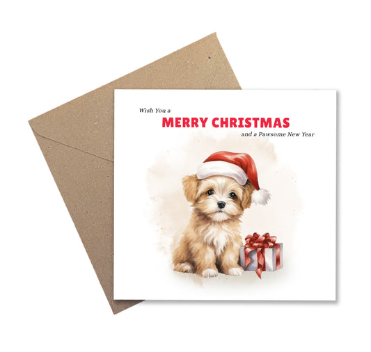 Puppy Christmas Card – Funny Pun Xmas Card – Wish You a Merry Christmas and a Pawsome New Year – Watercolor Animal Greeting Card for Friends, Family, Kids, Dog Lovers – Kraft Envelope Included