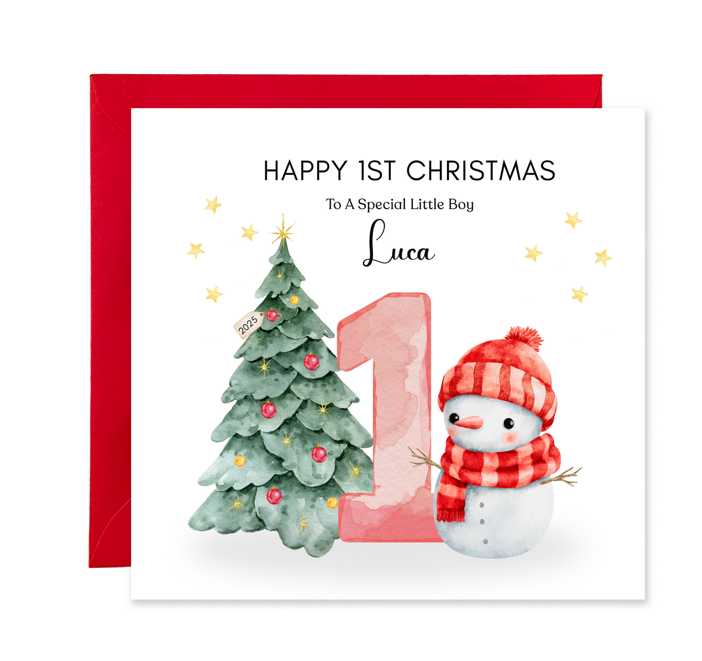 Personalised 1st Christmas Card for Baby Boy & Girl– Cute Snowman and Xmas Tree Design with Customised Name and Message, Watercolor First Xmas Card for Son, Daughter, Grandson, GrandDaughter, Nephew, Niece - Red Envelope Included