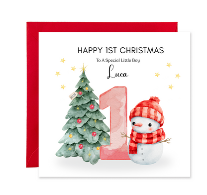 Personalised 1st Christmas Card for Baby Boy & Girl– Cute Snowman and Xmas Tree Design with Customised Name and Message, Watercolor First Xmas Card for Son, Daughter, Grandson, GrandDaughter, Nephew, Niece - Red Envelope Included