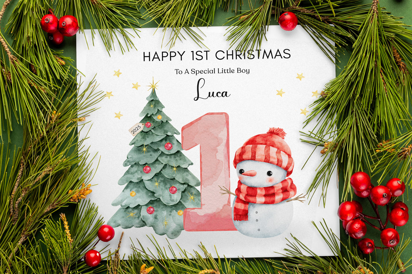 Personalised 1st Christmas Card for Baby Boy & Girl– Cute Snowman and Xmas Tree Design with Customised Name and Message, Watercolor First Xmas Card for Son, Daughter, Grandson, GrandDaughter, Nephew, Niece - Red Envelope Included