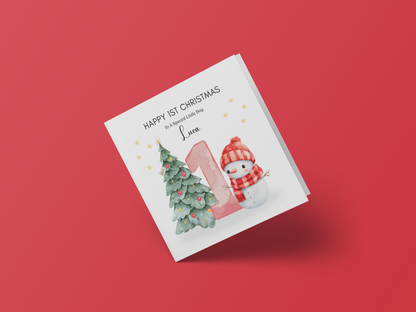 Personalised 1st Christmas Card for Baby Boy & Girl– Cute Snowman and Xmas Tree Design with Customised Name and Message, Watercolor First Xmas Card for Son, Daughter, Grandson, GrandDaughter, Nephew, Niece - Red Envelope Included