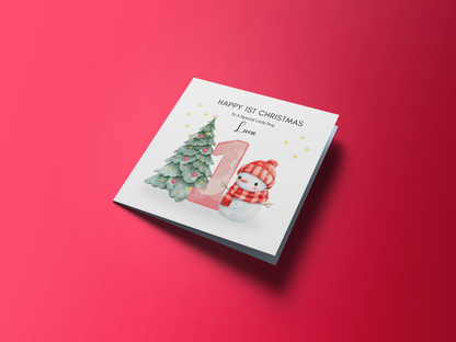 Personalised 1st Christmas Card for Baby Boy & Girl– Cute Snowman and Xmas Tree Design with Customised Name and Message, Watercolor First Xmas Card for Son, Daughter, Grandson, GrandDaughter, Nephew, Niece - Red Envelope Included