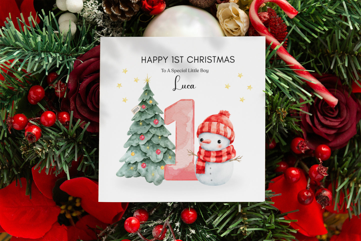 Personalised 1st Christmas Card for Baby Boy & Girl– Cute Snowman and Xmas Tree Design with Customised Name and Message, Watercolor First Xmas Card for Son, Daughter, Grandson, GrandDaughter, Nephew, Niece - Red Envelope Included