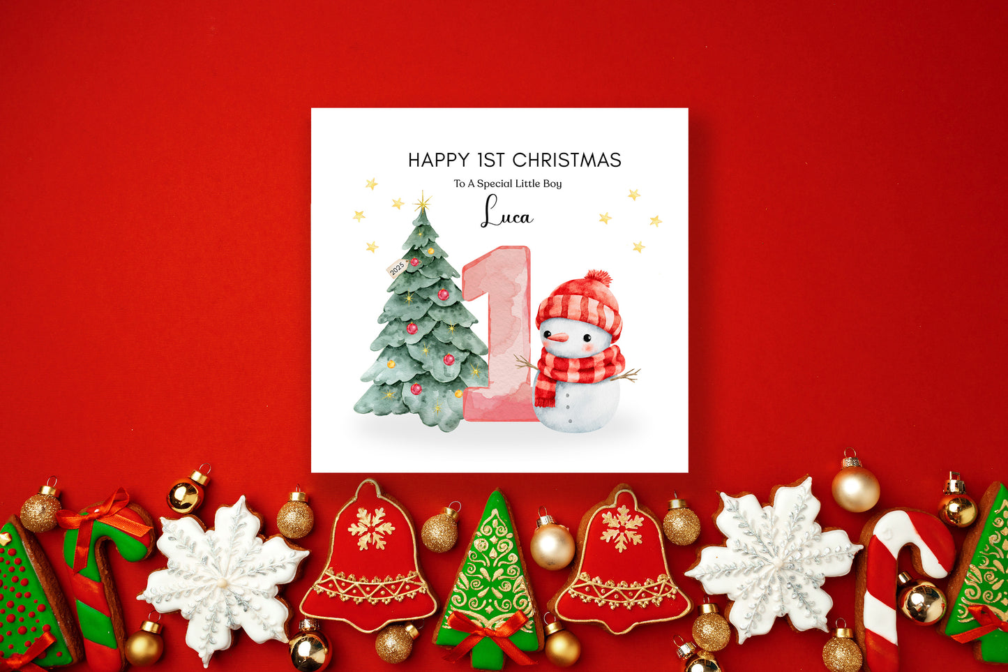 Personalised 1st Christmas Card for Baby Boy & Girl– Cute Snowman and Xmas Tree Design with Customised Name and Message, Watercolor First Xmas Card for Son, Daughter, Grandson, GrandDaughter, Nephew, Niece - Red Envelope Included