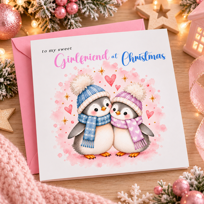 Merry Christmas Card for Girlfriend  – Cute Penguin Couple Christmas Card