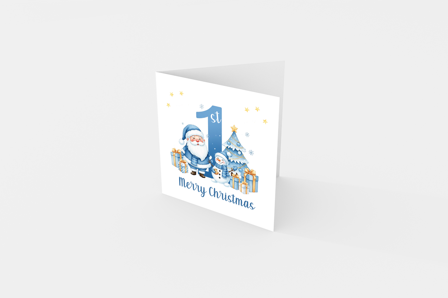 1st Christmas Card for Boys - Blue Santa, Snowman & Xmas Tree Design with Customised Name & Message,First Xmas Card for Baby Boy, Son, Grandson, Nephew Little One - Blue Envelope Included