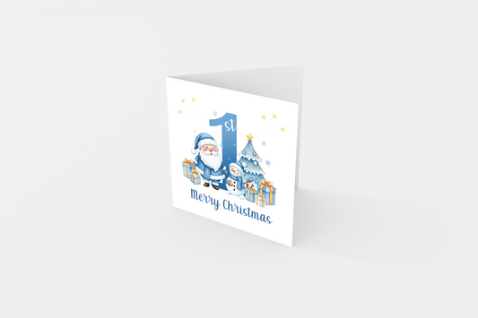 1st Christmas Card for Boys - Blue Santa, Snowman & Xmas Tree Design with Customised Name & Message,First Xmas Card for Baby Boy, Son, Grandson, Nephew Little One - Blue Envelope Included