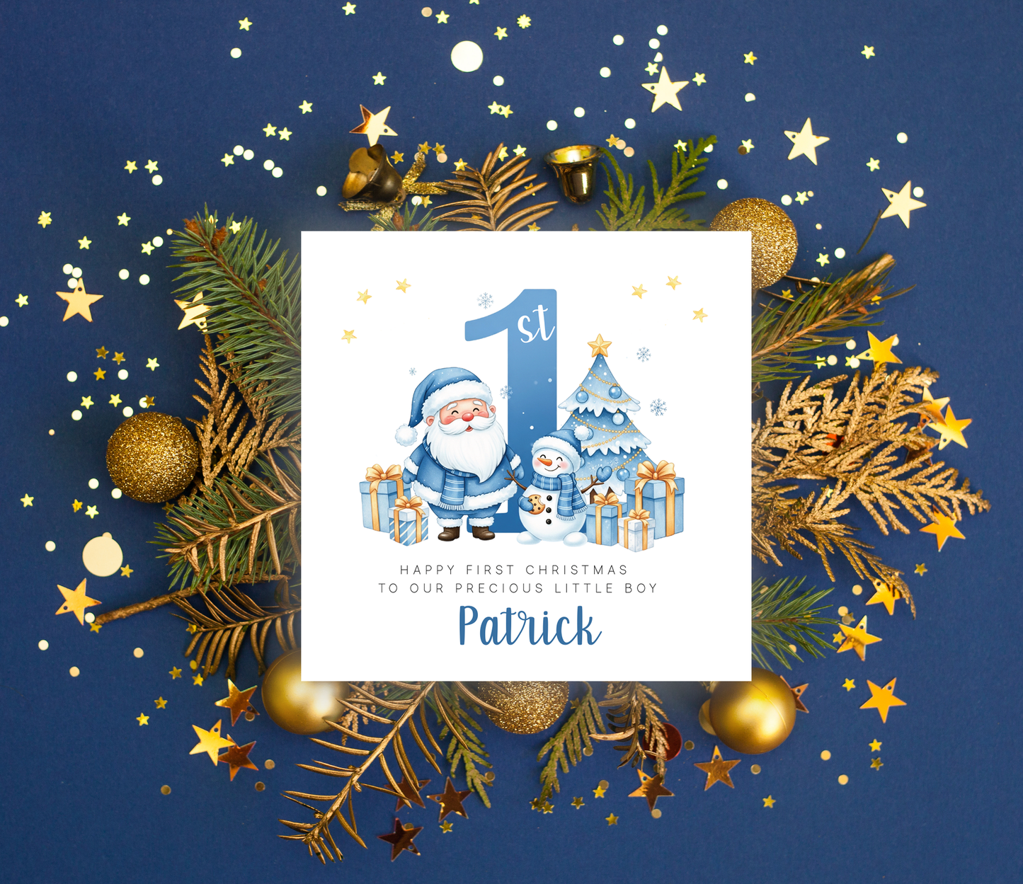 Personalised 1st Christmas Card for Boys - Blue Santa, Snowman & Xmas Tree Design with Customised Name & Message,First Xmas Card for Baby Boy, Son, Grandson, Nephew Little One - Blue Envelope Included