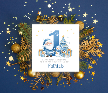 Personalised 1st Christmas Card for Boys - Blue Santa, Snowman & Xmas Tree Design with Customised Name & Message,First Xmas Card for Baby Boy, Son, Grandson, Nephew Little One - Blue Envelope Included