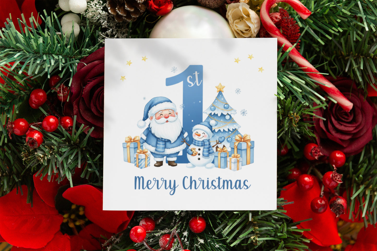 1st Christmas Card for Boys - Blue Santa, Snowman & Xmas Tree Design with Customised Name & Message,First Xmas Card for Baby Boy, Son, Grandson, Nephew Little One - Blue Envelope Included