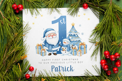 Personalised 1st Christmas Card for Boys - Blue Santa, Snowman & Xmas Tree Design with Customised Name & Message,First Xmas Card for Baby Boy, Son, Grandson, Nephew Little One - Blue Envelope Included