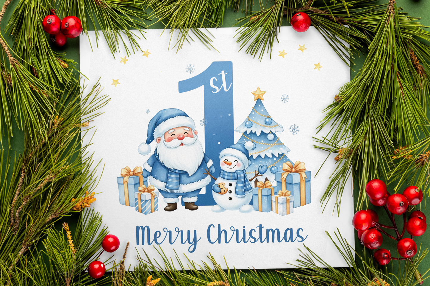 1st Christmas Card for Boys - Blue Santa, Snowman & Xmas Tree Design with Customised Name & Message,First Xmas Card for Baby Boy, Son, Grandson, Nephew Little One - Blue Envelope Included