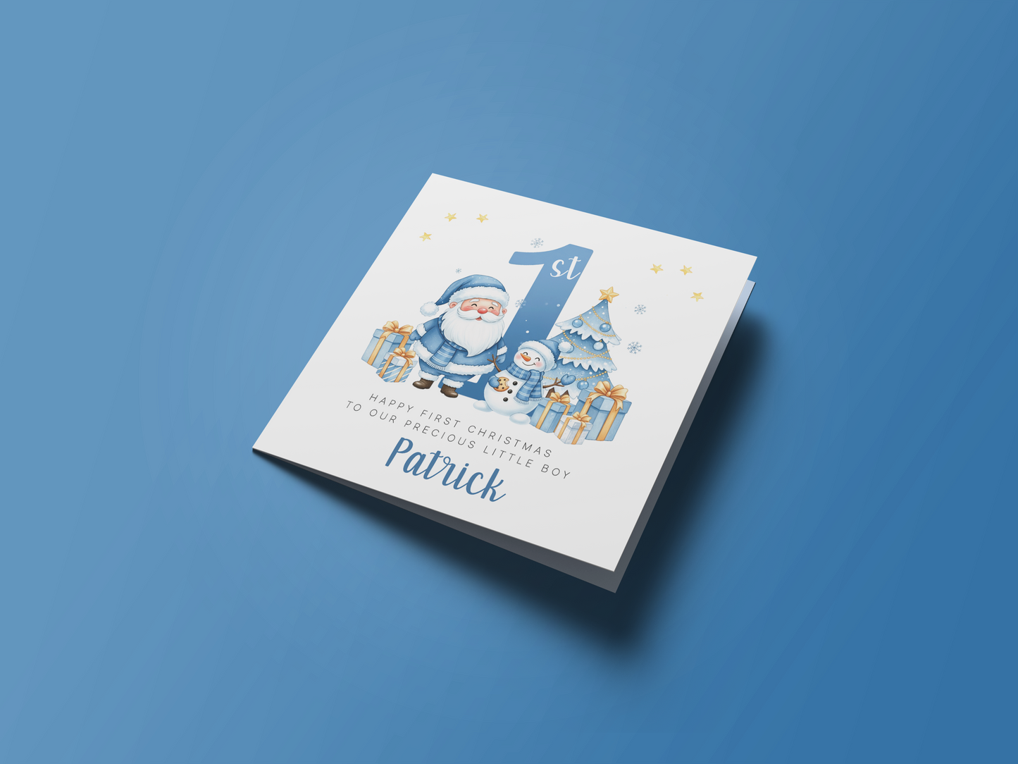 Personalised 1st Christmas Card for Boys - Blue Santa, Snowman & Xmas Tree Design with Customised Name & Message,First Xmas Card for Baby Boy, Son, Grandson, Nephew Little One - Blue Envelope Included